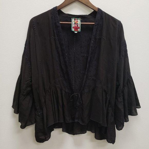 Johnny Was Sweaters - Johnny Was Womens Embroidered Tie Front Cardigan Size XS Black Blue Bell Sleeve